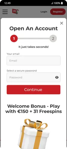 Formulaire d’ouverture de compte rapide Lucky31 sur smartphone : champs email et mot de passe
