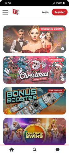 Page promotions Lucky31 sur téléphone : calendrier de l’Avent, Bonus Booster et tournois Drops & Wins