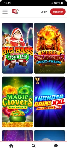 atégorie Top jeux Lucky31 sur mobile : Big Bass Frozen Lake, Fire Stampede 2, Magic Clovers, Thunder Coins XXL