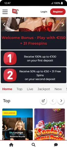 Lobby principal Lucky31 Casino version mobile avec menu Home, Top, Live, Jackpot, New